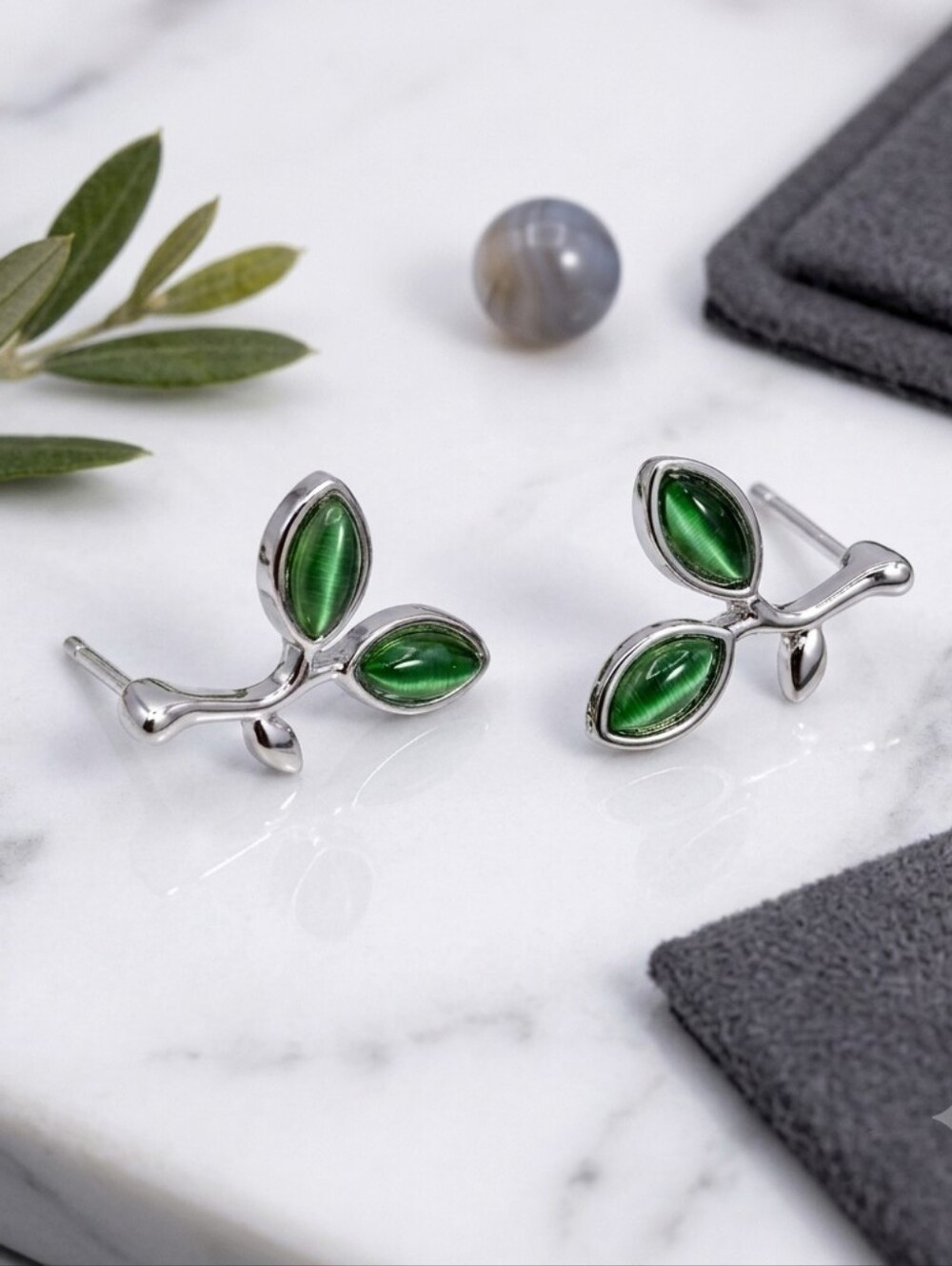 New Silver Leaf Branch Stud Earrings with Green Accents - Picture 2 of 2